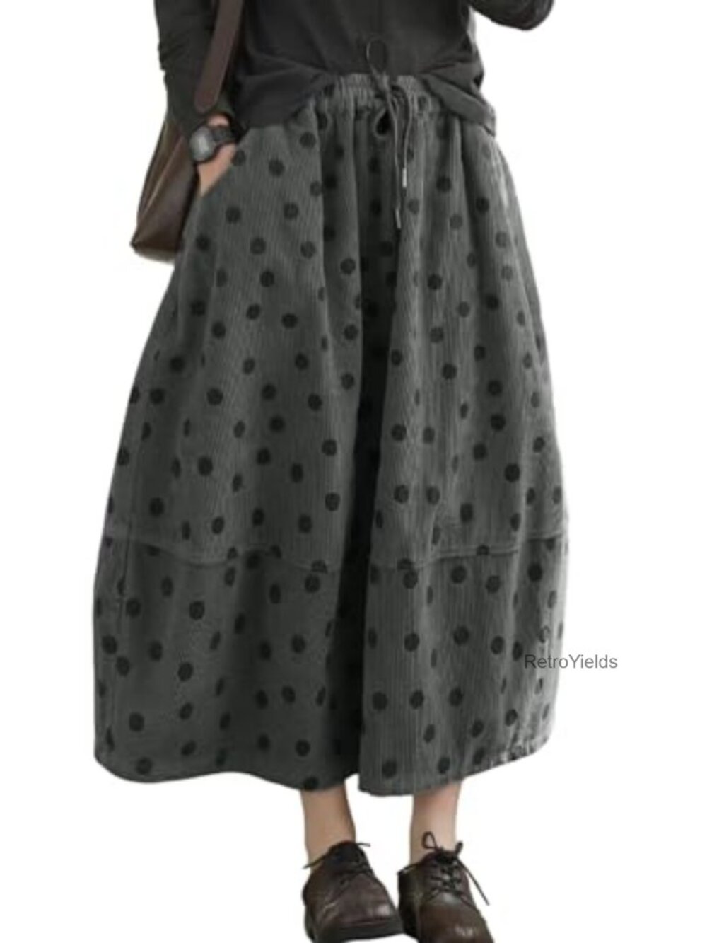 Women Corduroy Polka Dot A-Line Midi Skirt Elastic Waist Pleated Long Skirt